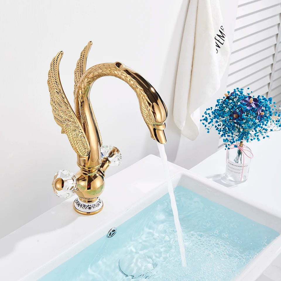 Luxury Gold Swan Basin Faucet Deck Mounted Bathroom Faucet Hot and Cold Water Mixer Tap Bath Water Faucet Basin Sink Taps