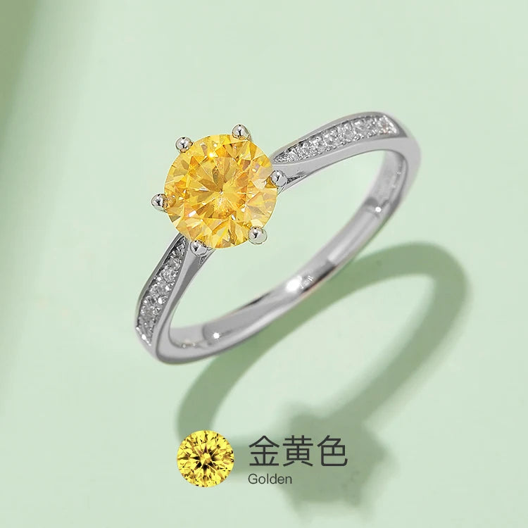 Sliver 925 High Quality 1CT Round Shape Fancy Color Moissanite Classic Style Rings Engagement Wedding Jewelry Ring Birthday Gift