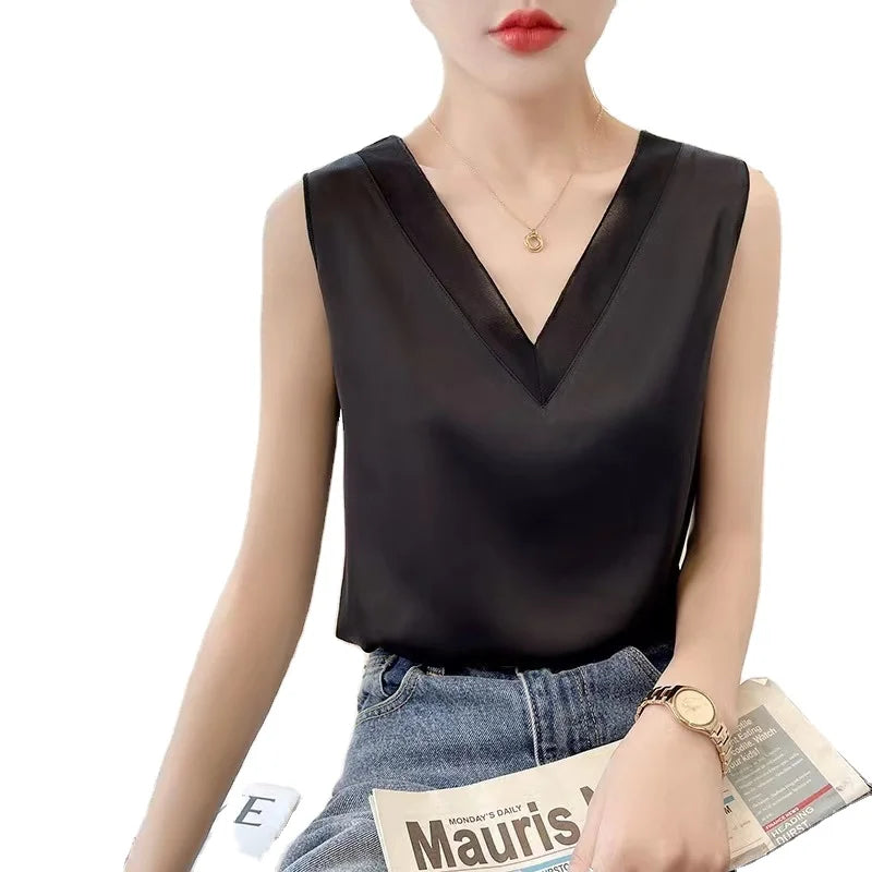 Milan New Style Hot Selling Ladies Spring Summer Autumn Luxury V-neck Real Silk Halter tank Top Women