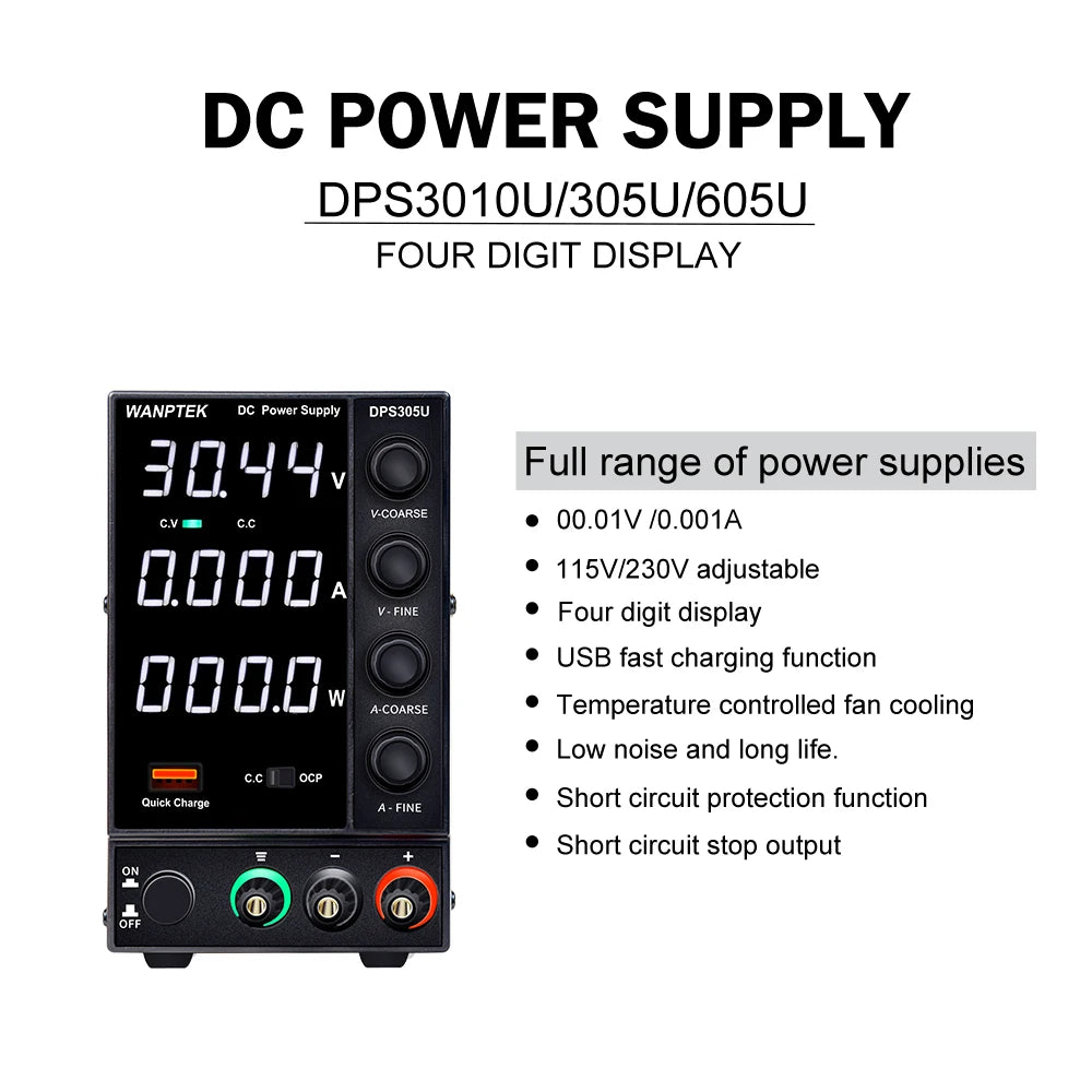 WANPTEK 60V 5A BENCH DC ADJUSTABLE POWER SUPPLY, DC POWER, REPAIR, LAB, DESIGN, SCHOOLS, TEST, ELECTROPLATE, CHARGE, DPS605U