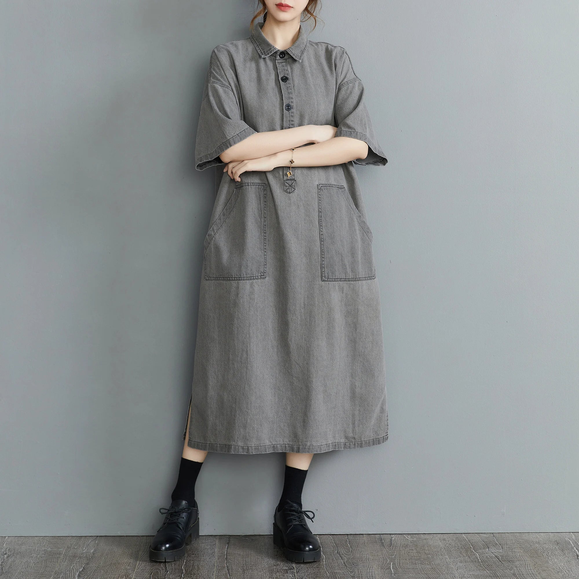 Boutique Wholesale 2025 Summer New Fashionable Retro Lapel Loose Casual Denim Women's Dress