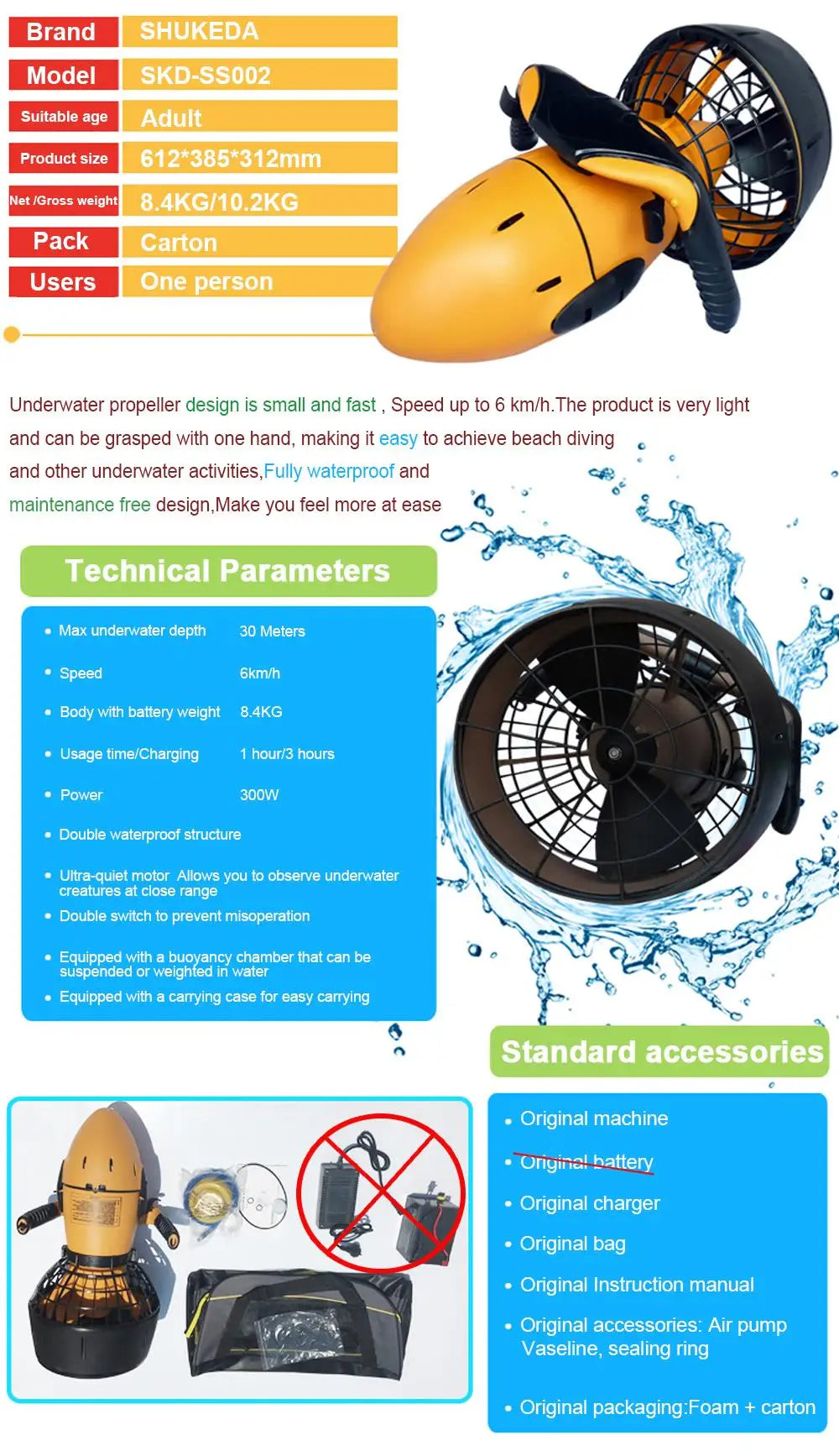 Free Shipping 300W Sea Scooter Underwater Screw, High-Class Diving Equiment Water Scooter(Without Battery)