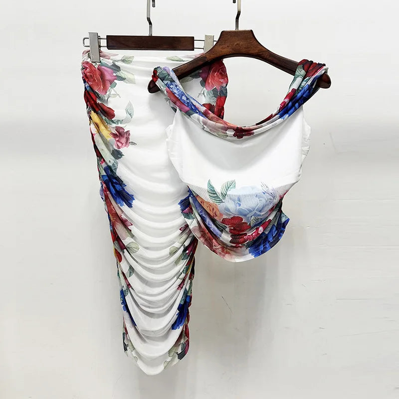 Women's 2 Pieces Floral Print Off Shoulder Dress Ruched Bodycon Midi with Colorful Flower Pattern Elegant  Party
