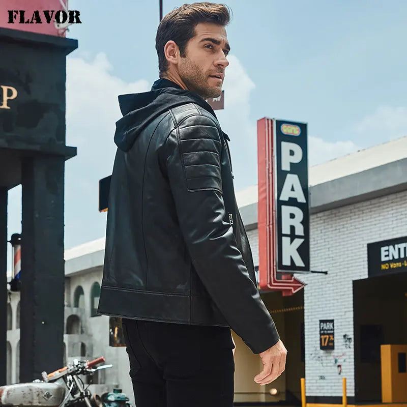 FLAVOR Men's Leather Motorcycle Jacket Black Sheepskin Real Leather Jacket With Removable Hood