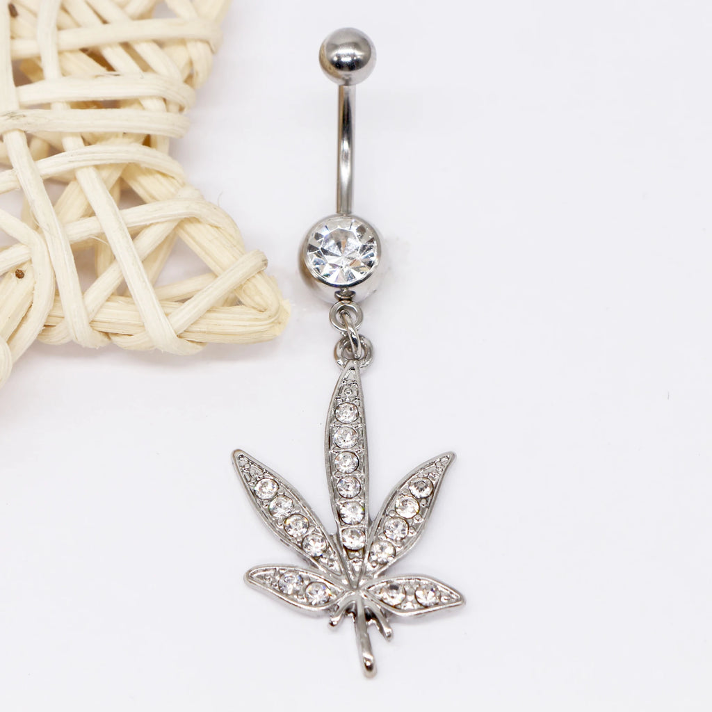 Gaby CZ Dangle Gem Maple Leaf Body Piercing Jewelry 316L Surgical Steel Belly Rings for Wedding and Engagement Stainless Steel