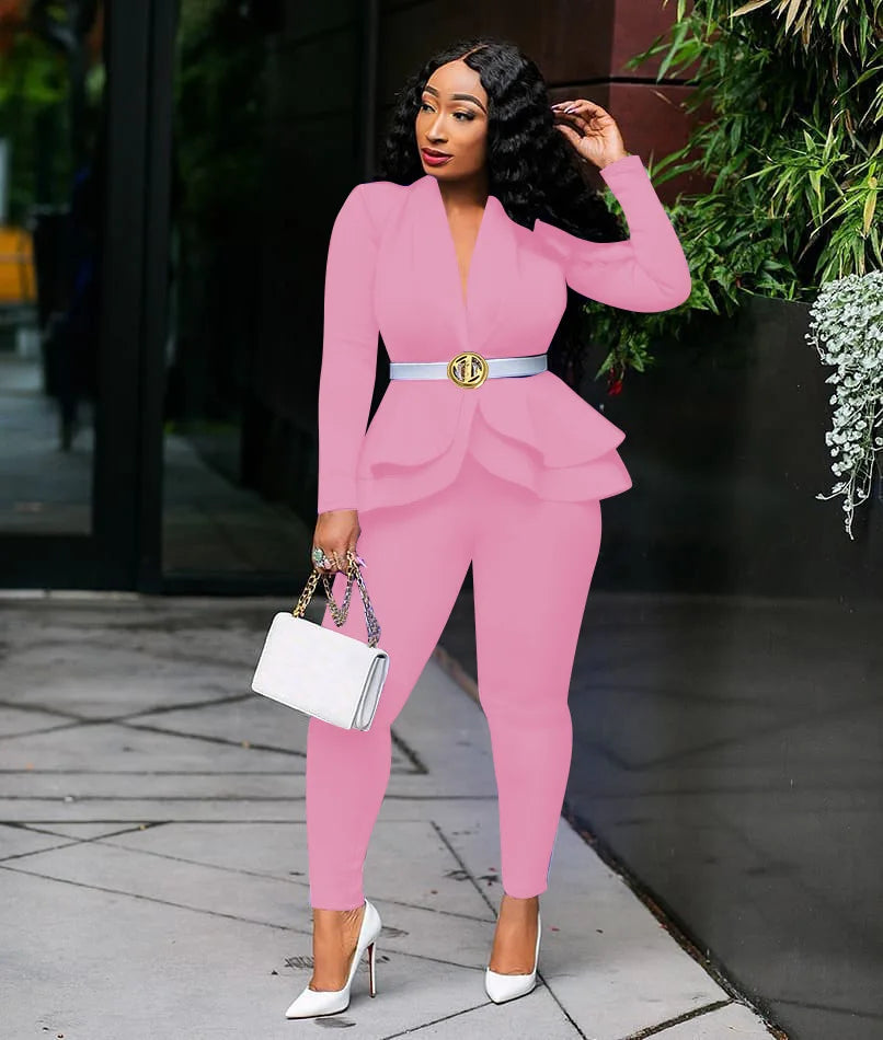 New 2025 Women Long Sleeve Solid Ruffles Design Top & Skinny Pencil Pant Sets Two Piece Set Women Outfits