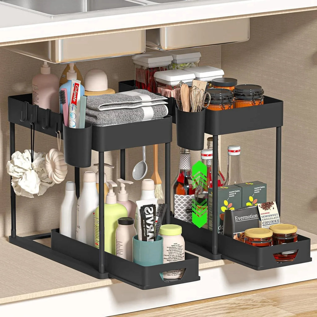 Premium Sustainable Plastic Double Folding Organizer Shelf Standing Rack Kitchen Bathroom Cabinet Home Storage Supplies