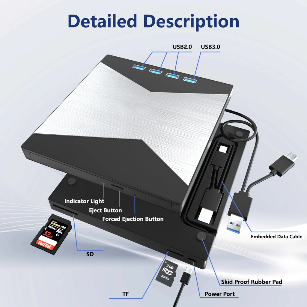 4K External Blu-ray Burner with USB 3.0 & Type-C Interface Portable DVD/CD/BD Player for Desktop/Laptop