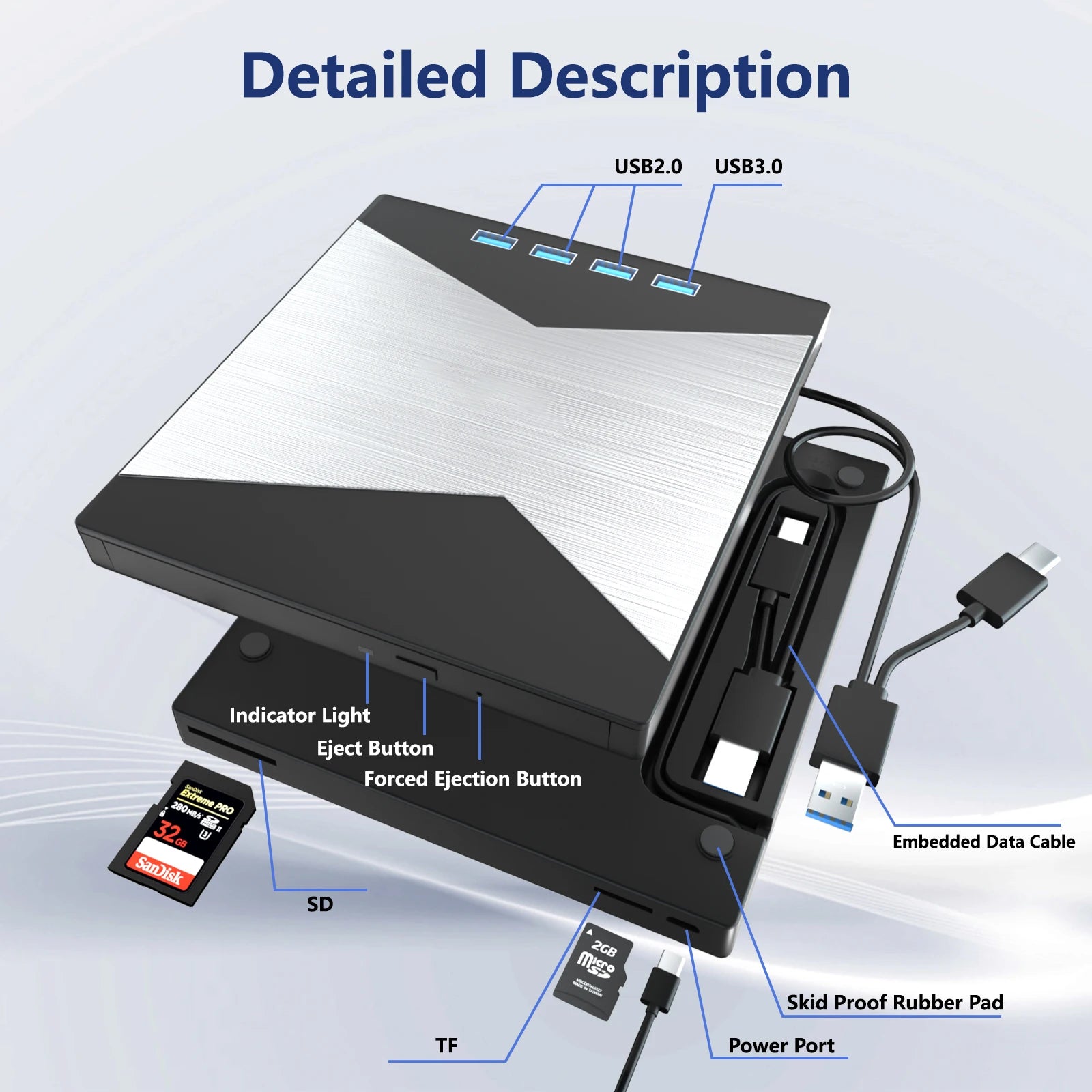 4K External Blu-ray Burner with USB 3.0 & Type-C Interface Portable DVD/CD/BD Player for Desktop/Laptop