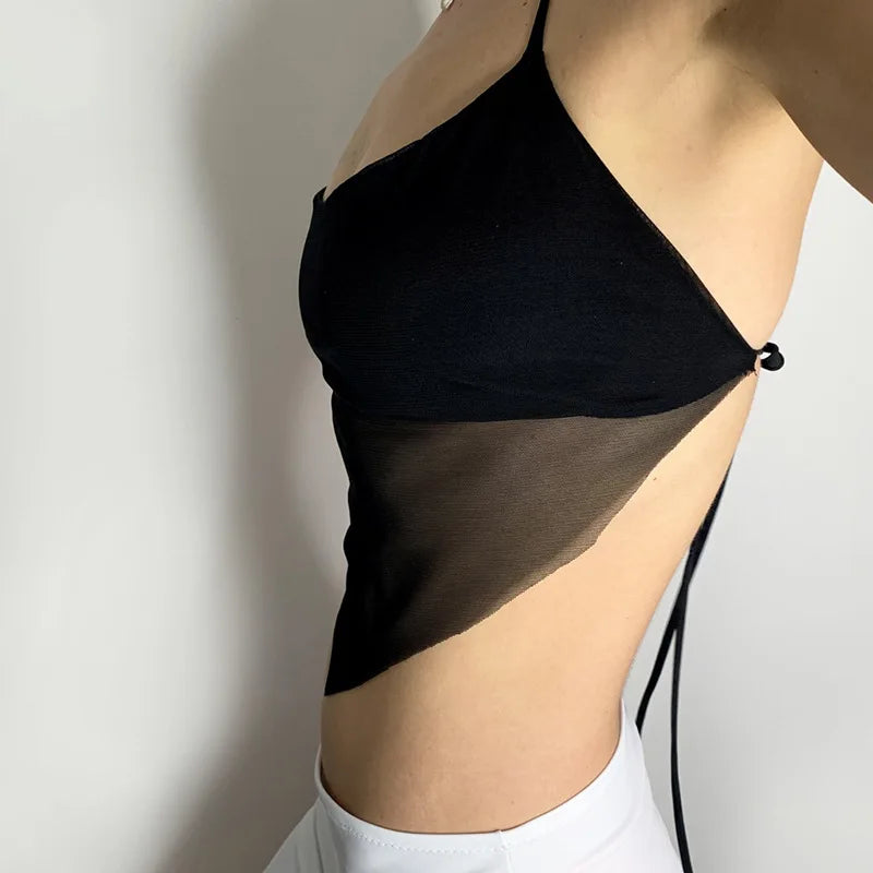 Sexy Transparent y2k Mesh Halter Tops Women V-neck Backless Korean Solid Crop Tops Fashion Korean Camisole 90s Tee