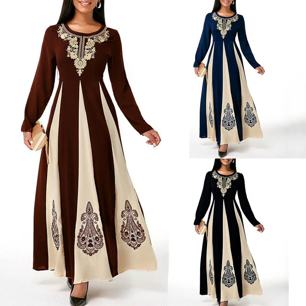 Elegant Muslim Dress for Women 2021 Fall O Neck Long Sleeve Islamic Arabic Abaya Robe Patchwork Print Turkey Eid Mubarak Vestido