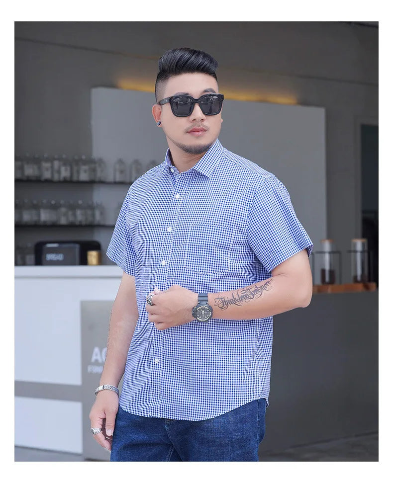 100% Cotton 5XL 6XL 7XL 8XL 12XL Men's Plus Size Shirts Fashion Casual Classic Style Comfortable Plaid Short Sleeve Shirt Male