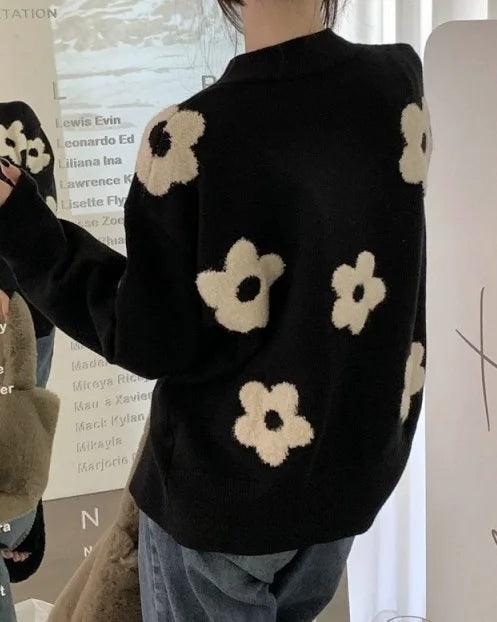 Women's Casual Cardigan New Fall V-Neck 3D Embroidered Floral Knit Sweater
