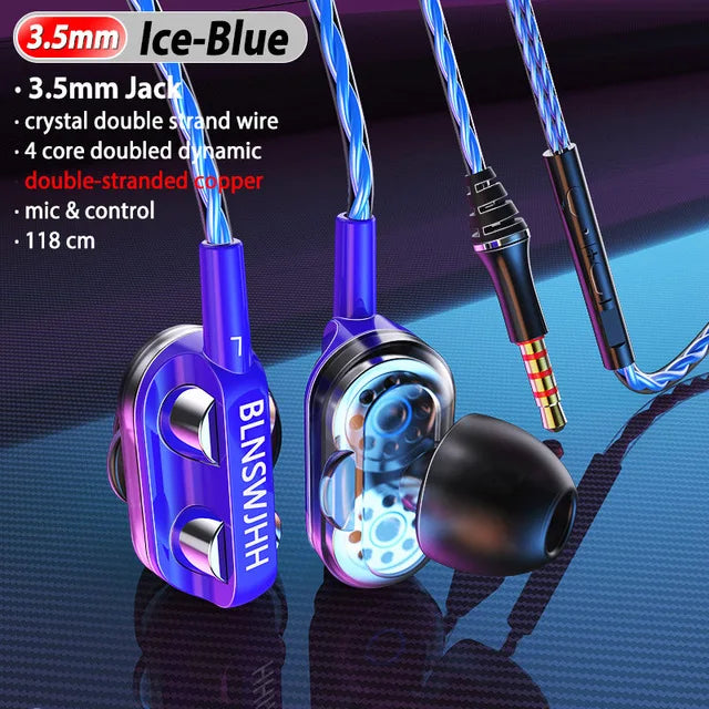 Dual Drivers Wired Earphone Four Core Dynamic HIFI Earphone Super Base Line Control With Mic Speaker Headsets for Huawei Xiaomi