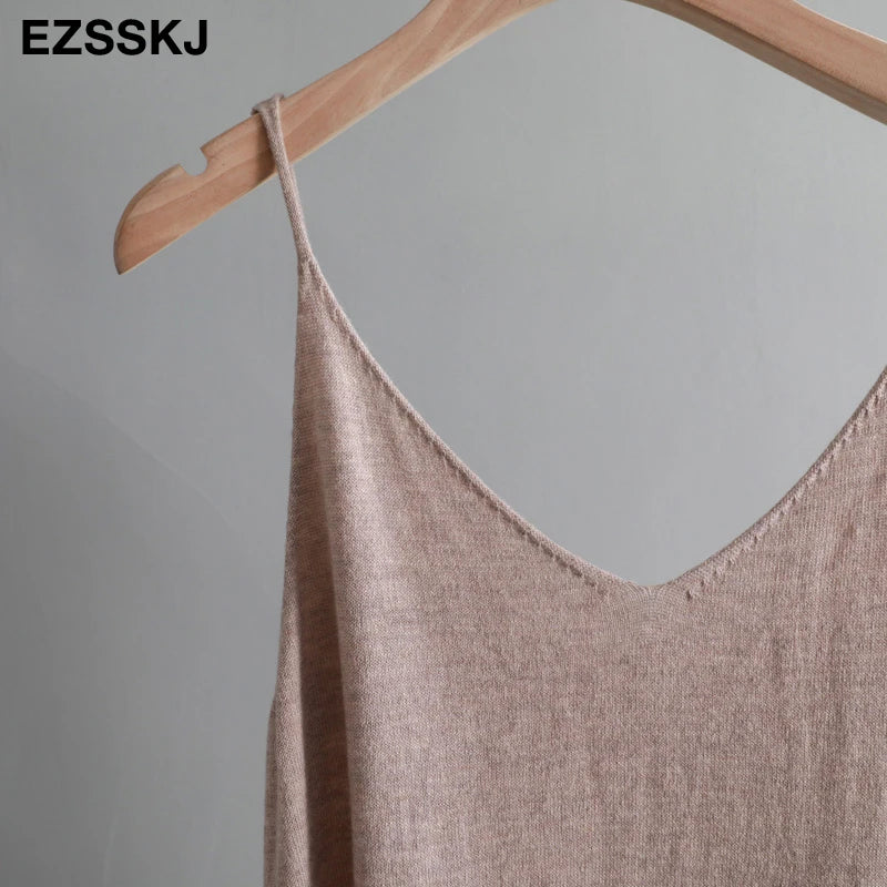 Ezsskj Spring summer 2020 Woman Knitted Tank Dress Casual Long Camisole Vest dress Women Loose  cashmere maix a-line dress