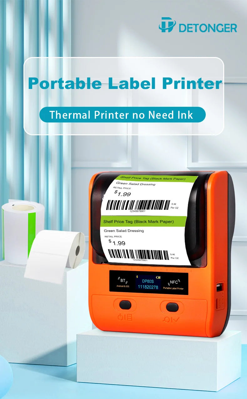 DETONGER DP30S 28-80mm Mini Portable Thermal Printer Multifunctional Barcode Label Sticker Maker BT Android / iOS
