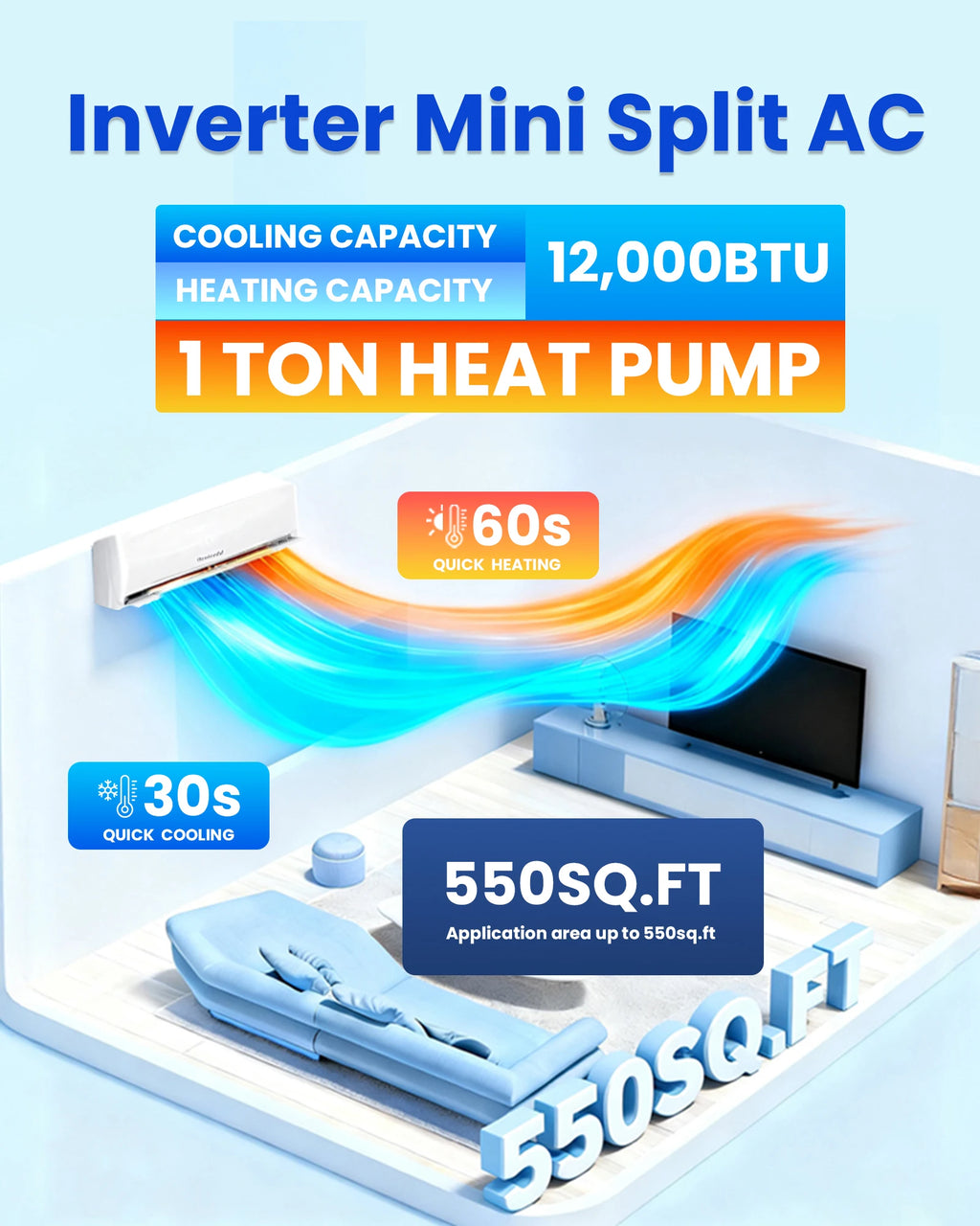 Premium 110V Mini Split Air Conditioner 12000 BTU Heat Pump Ductless Inverter AC Unit For North America Rental Property