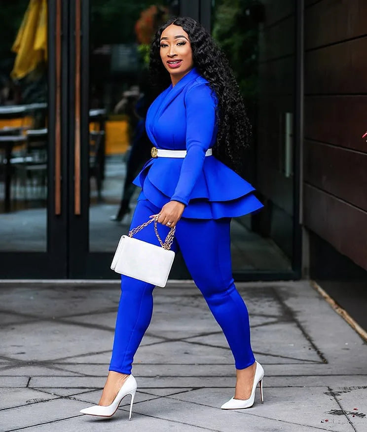 New 2025 Women Long Sleeve Solid Ruffles Design Top & Skinny Pencil Pant Sets Two Piece Set Women Outfits