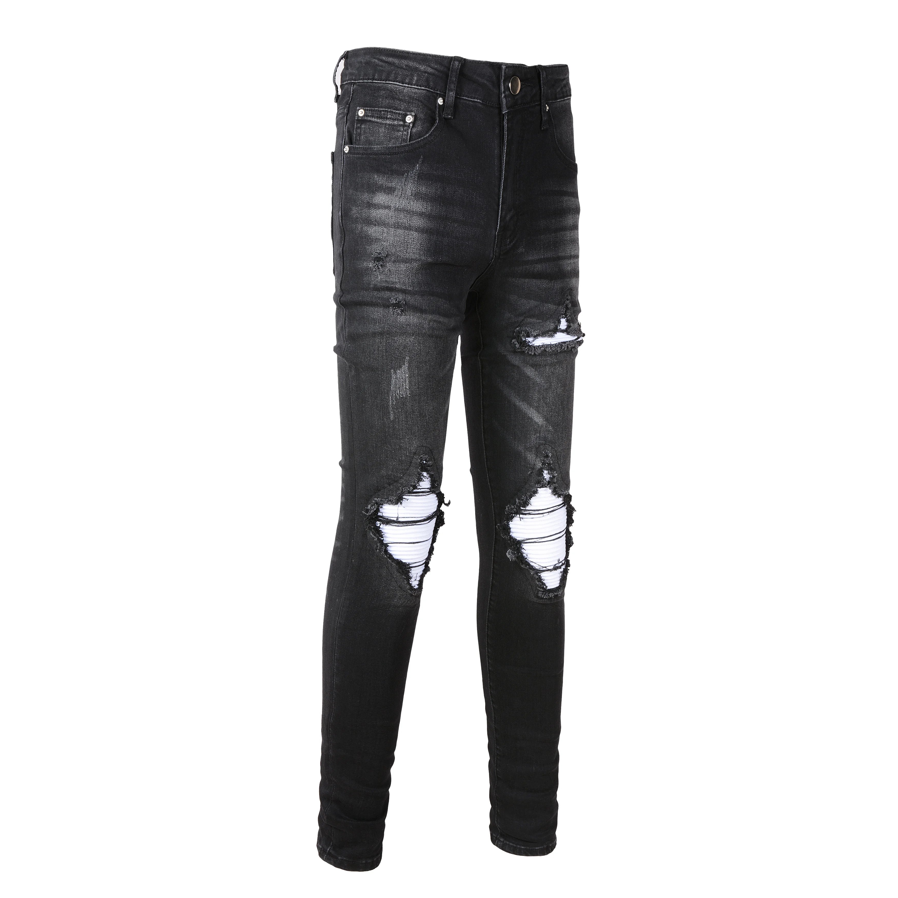 Wholesale Slim Fit Distressed Designer Patchwork Jeans Printed Patch Black Denim Trousers for Men Streetwear Winter Blue Hip Hop