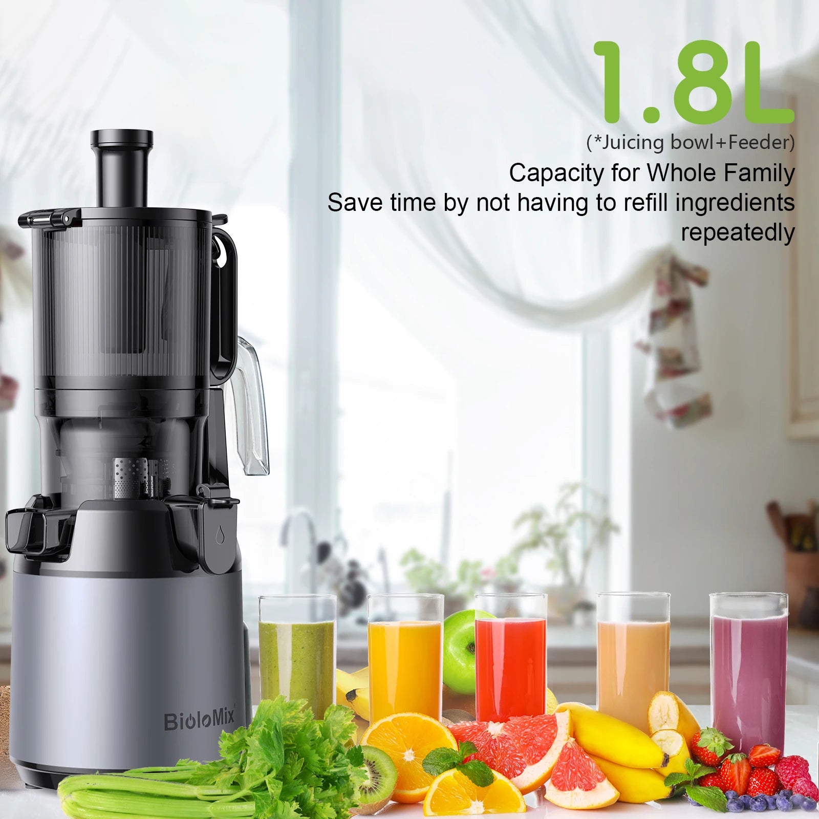 BioloMix Wide Chute Slow Masticating Juicer BPA FREE Cold Press Juice Extractor for High Nutrient Fruit and Vegetable Juice