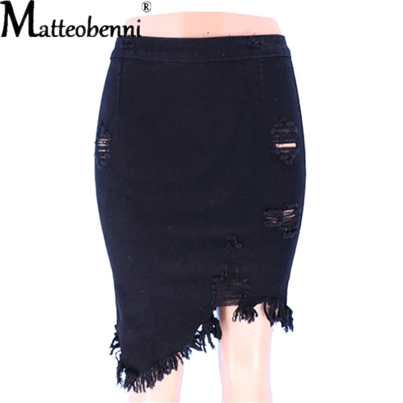 New Summer Sexy Ripped Denim Skirt Women Fashion Hollow Out Casual Hole Tassel Mini Skirt Irregular Basic Pocket Jeans Skirt