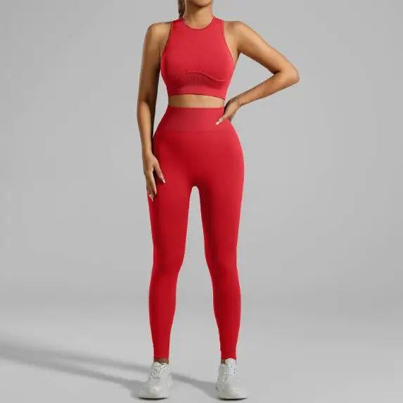 JAC22 XG7138 Women's Seamless Running Fitness Threaded Tank Top Pants Yoga Set