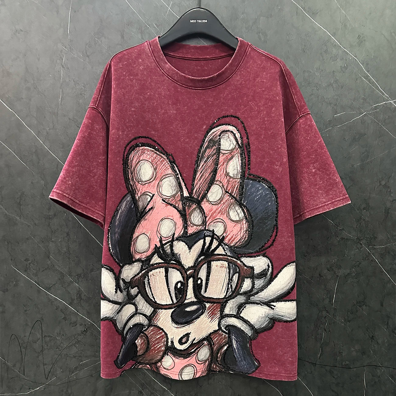 2025 Summer Vintage Minnie Cartoon T-Shirt for Women Heavy Industry Short Neck Loose Medium Long Half Sleeve Anti-Wrinkle ODM