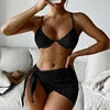 Bandage Halter Bikini Micro Ribbed Bikini 3 Pieces Set 2023 High Waist Swimsuit With Beach 3 Pieces Mesh Skirt