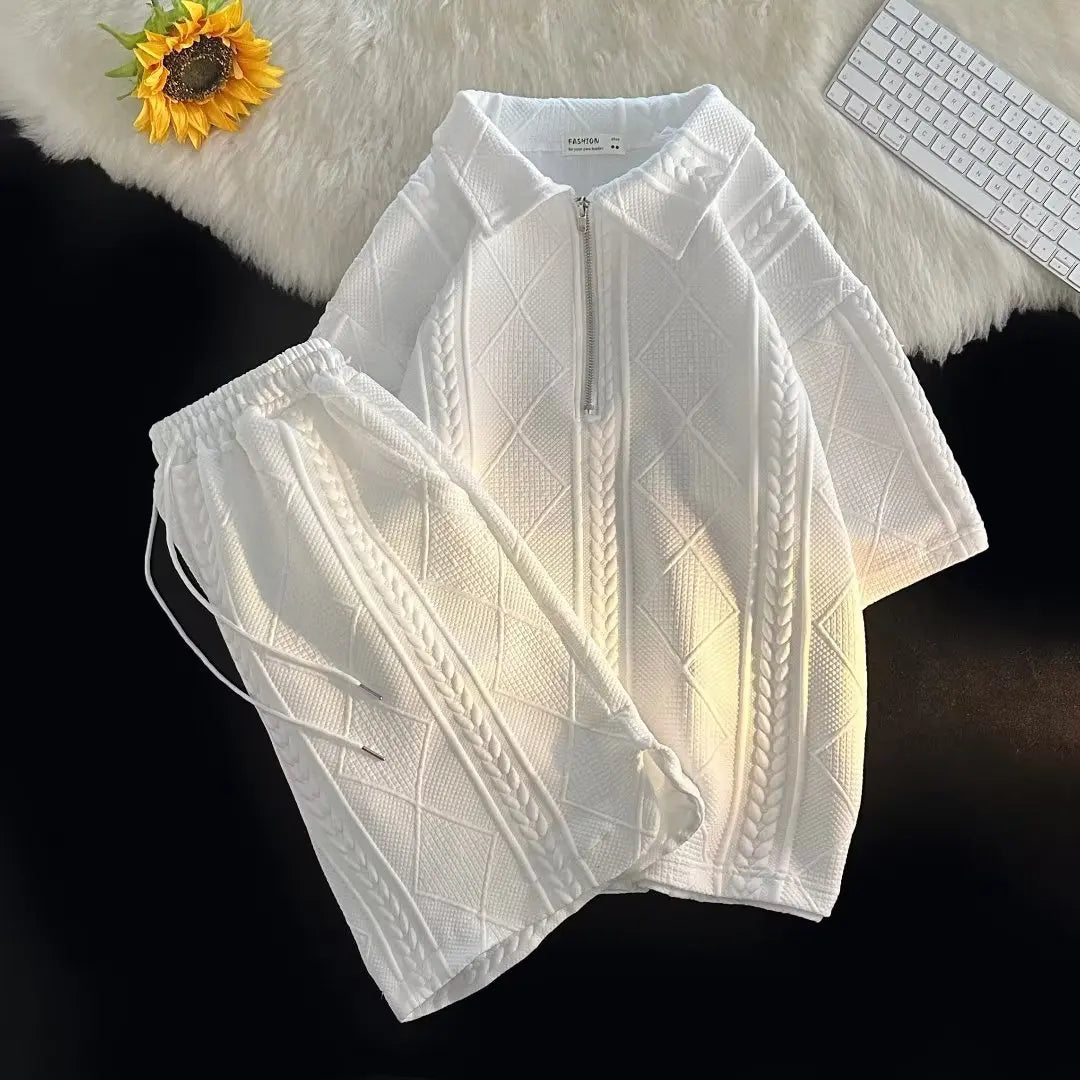 M-3XL Summer Sports Set Boys' Loose Zippered Lapel Short Sleeved T-shirt Student Minimalist Drawstring Pocket Shorts