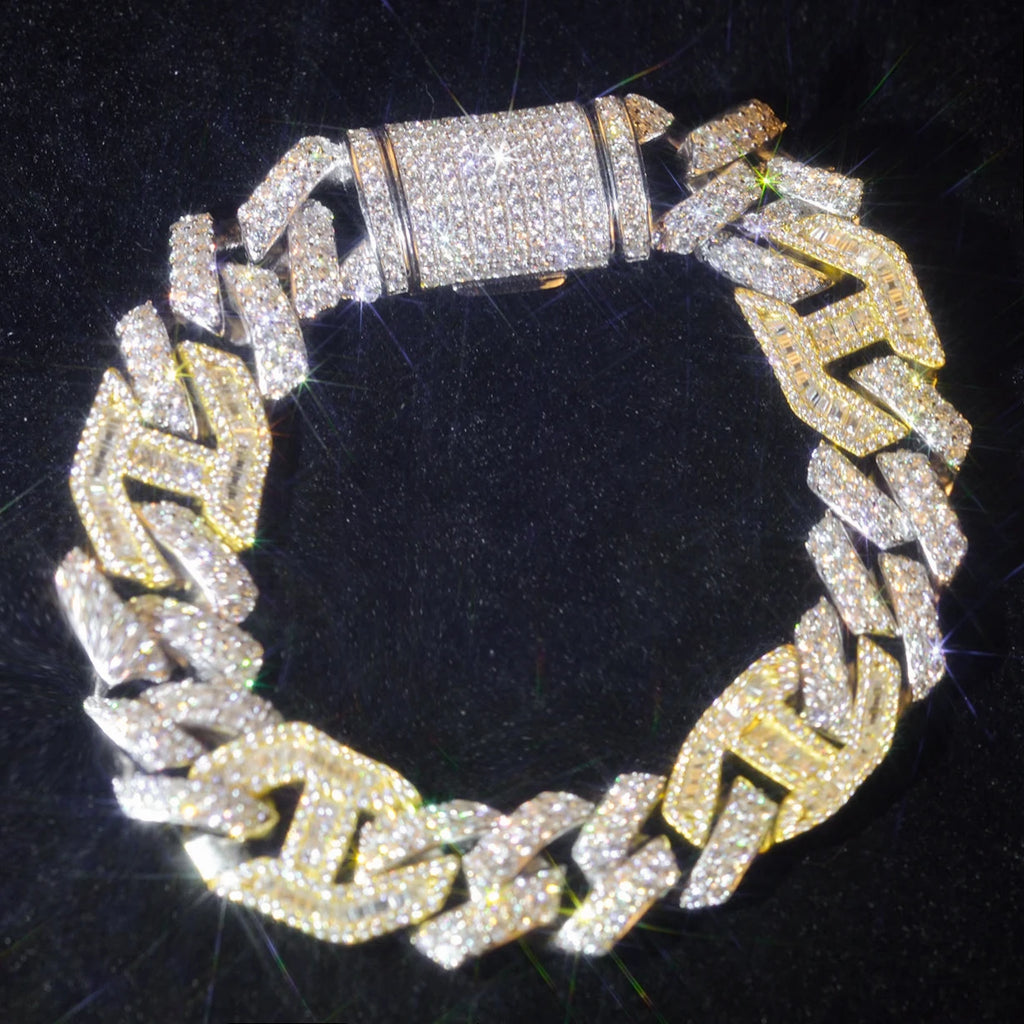 Factory Wholesale Hip Hop 925 Silver 15mm Chain Baguette Moissanite Tow Tones Bracelets Custom Cuban Link Men Jewelry