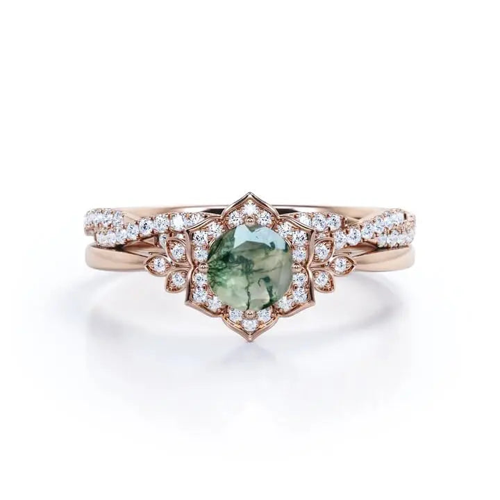 925 Sterling Silver Women's Classic Art Deco Wedding Ring Set 1.25 Carat Moss Agate Prong Setting