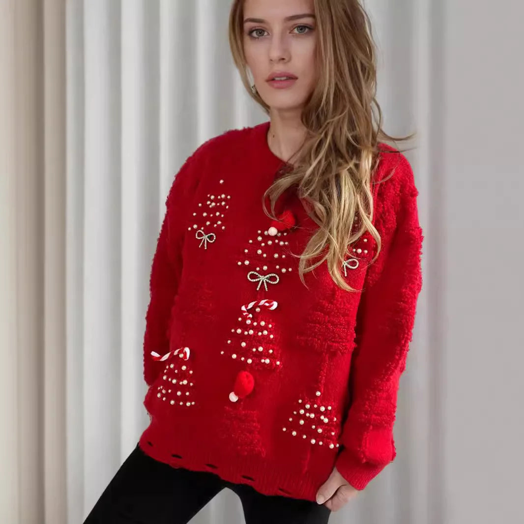 Handmade Pearl Diamond Trims Christmas Sweater Plush New Year Red Pullover Sweaters for Women Towel Embroidery