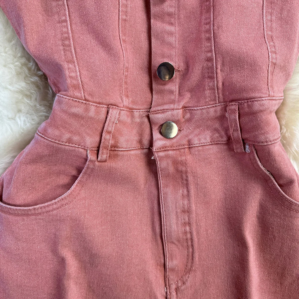 25 Trendy Vintage Turn-down Collar Tunic Slim Jumpsuit for Women High Waist Denim Long Jumpsuit Ladies Retro Overalls Wholesale