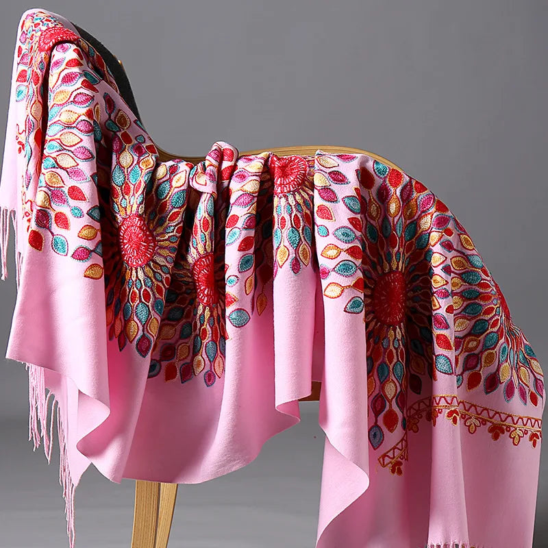 Wholesale JiYun 2025 Ladies Winter Scarf Shawl Floral Tassel Embroidery Soft Heavy Cashmere Feel-Hot Sale Winter Accessory