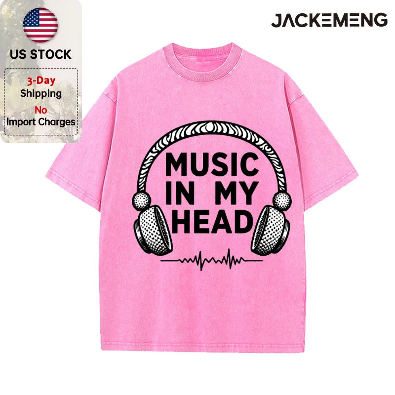 Oversized Washed Retro Music Headphone Streetwear Print Tshirt USA Stock Wholesale Y2K Casual Tee