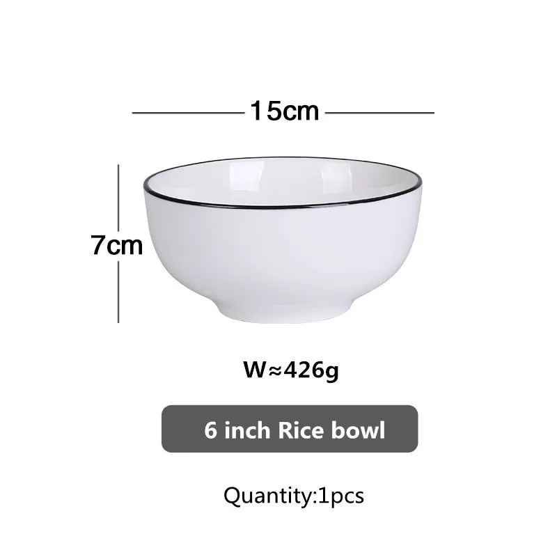 Black Rim White Ceramic Dinner Tray, Kitchen Plate, Tableware, Food Dishes, Soup Bowl,  Kitchen Cook Tool, 1 Piece Sale