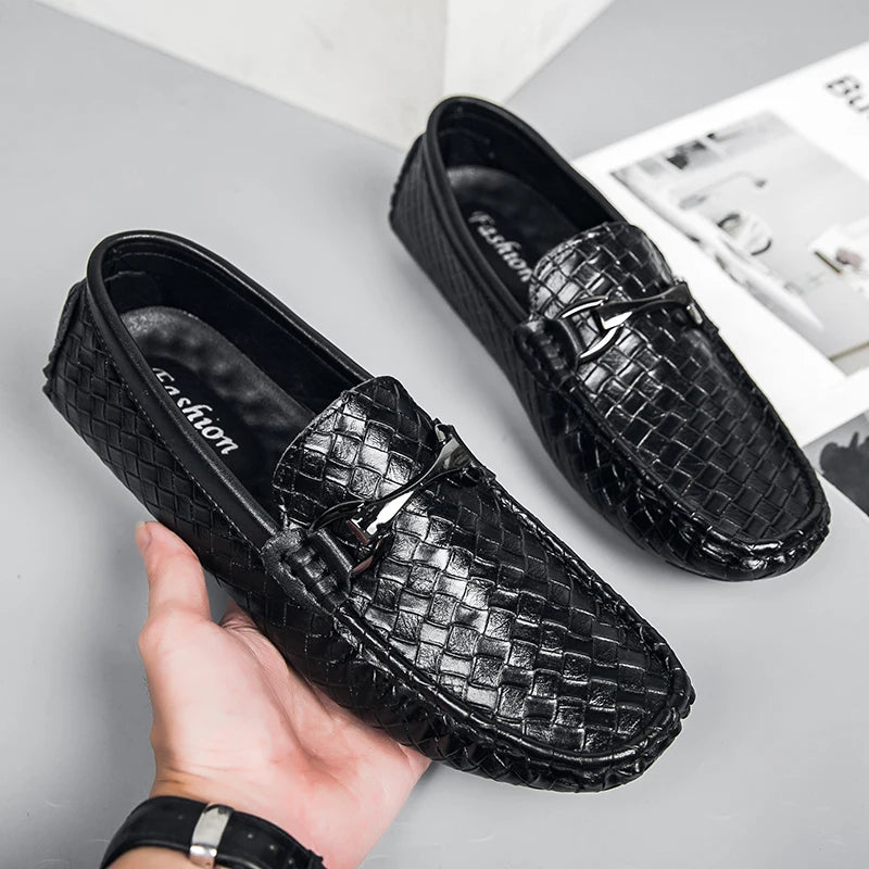 Men's Loafers Driving Shoes Gommino Penny Loafer Flats Woven Leather Moccasins Low-top Slip on Light Weight Spring Metal Casual