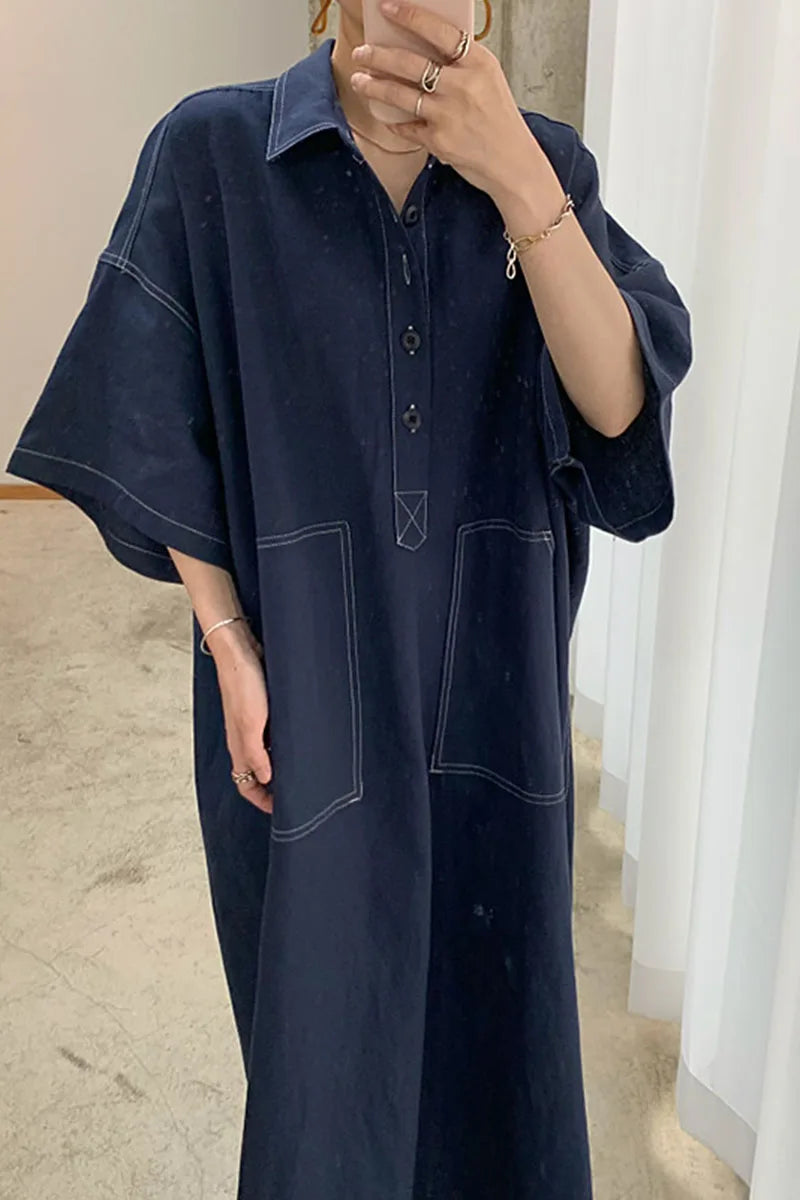 Wholesale 2026 Spring New Fashion Retro Classic Polo Collar Open Line Design Straight Loose Five-point Sleeve Denim Women Dress