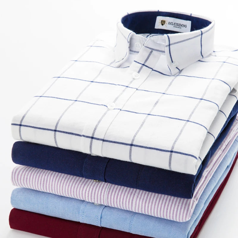 Men's Long Sleeve Thick Cotton Oxford Shirts with Front Pocket High Quality Smart Casual Stripe Plaid Button Down Dress Shirt
