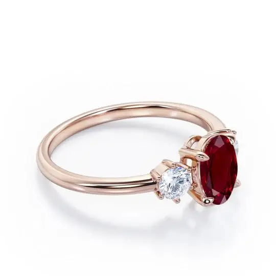 Oval Cut Ruby Classic Pave Setting Three Stone Engagement Ring 925 Sterling Silver Gold Plated Trio Wedding Party Ring