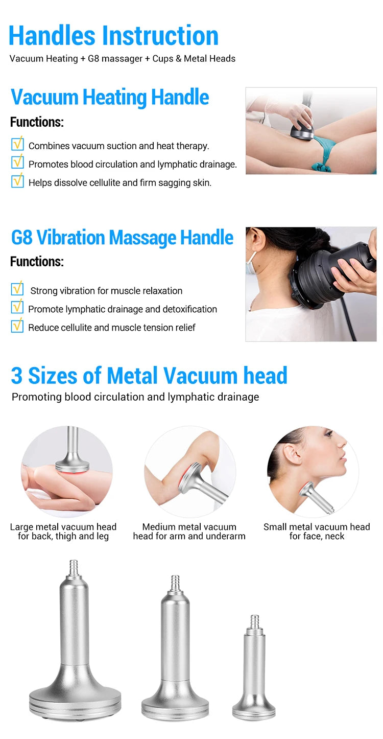 Vertical 4 In1 Vacuum Heating 8 Vibration Heads G8 Massager Cellulite Removal G8 Body Slimming Machine with 33 Cups