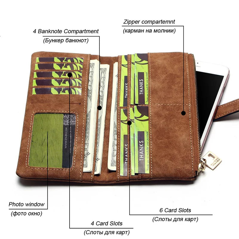 Vintage Women Long Standard Wallets Purse Fold Drawstring Nubuck Leather Zipper Suede Bag Female Simple Design Clutch Handbags