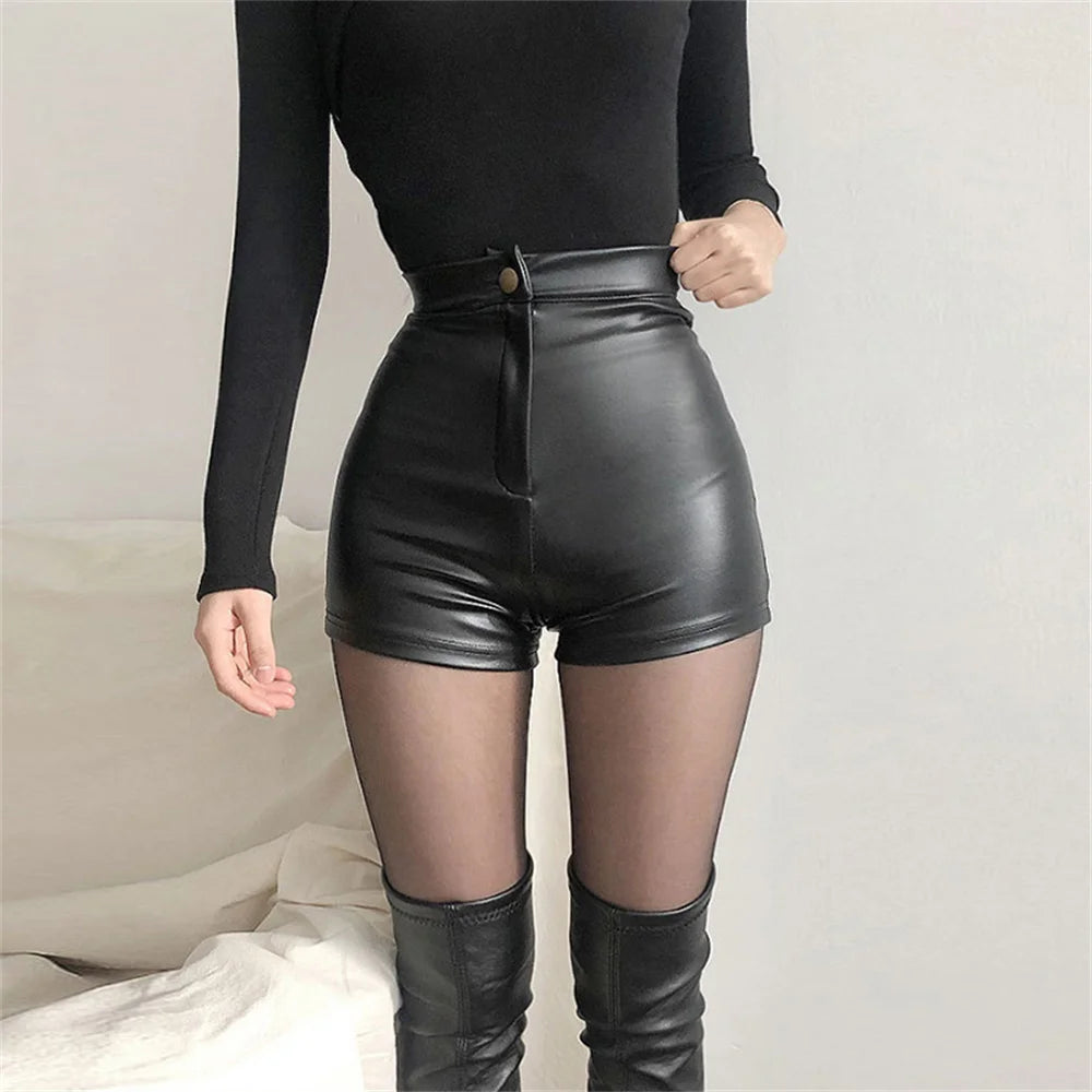 Sexy Black PU Casual Fashion Summer Shorts Women Clothing Goth Faux Leather High Waisted Womens Shorts Y2K Hot Woman Short Pants