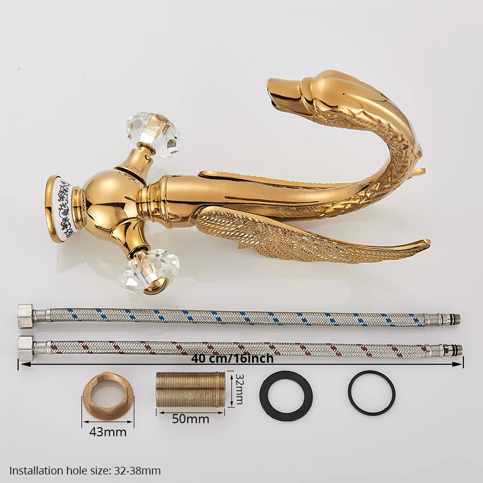 Luxury Gold Swan Basin Faucet Deck Mounted Bathroom Faucet Hot and Cold Water Mixer Tap Bath Water Faucet Basin Sink Taps