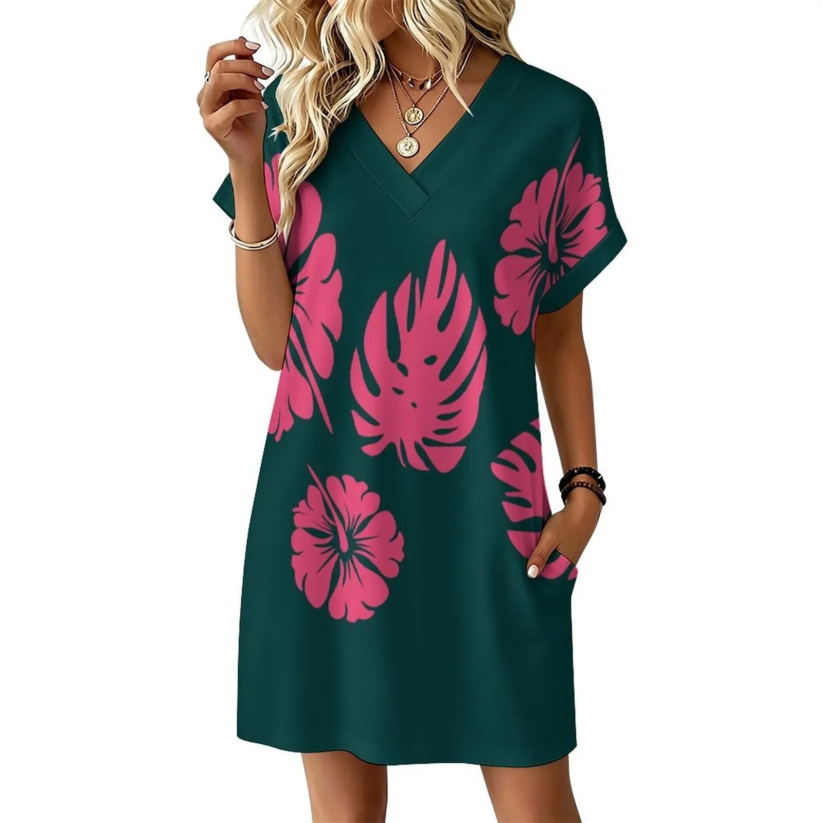 Custom-printed Hawaiian Tropical Floral Chiffon Dress Dropped Waist Relaxed Fit Flared Sleeves Sexy Sweet Lightweight for All