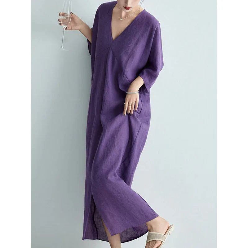 2026 New Summer Wholesale V-Neck Cotton Linen Maxi Dress French Chic Elegant Loose Short Sleeve Straight Gown