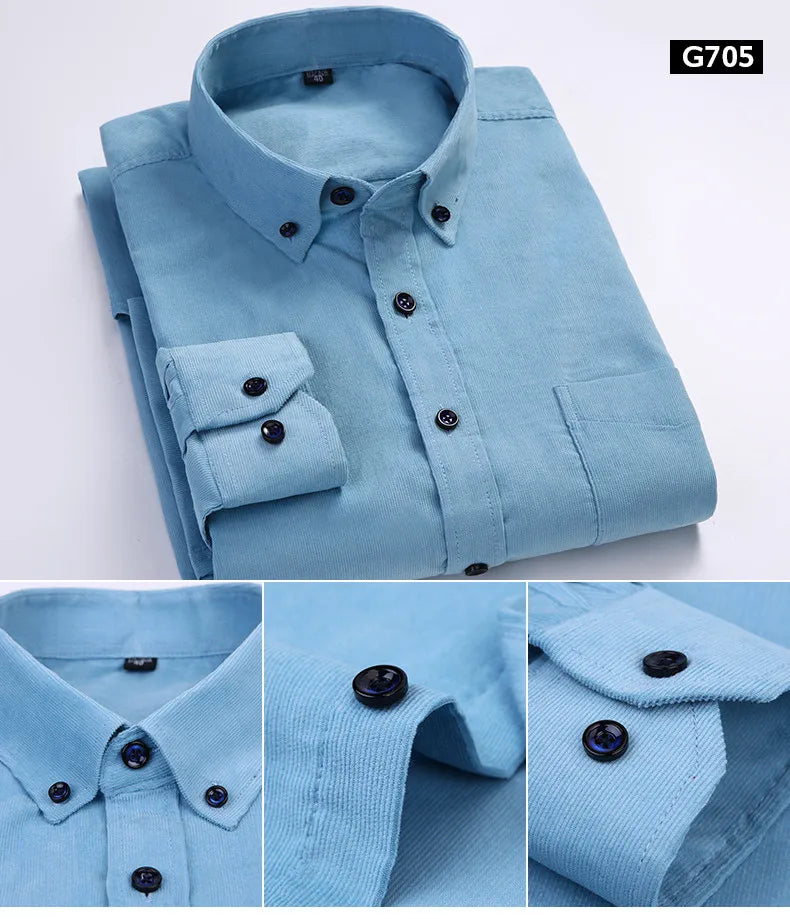 6XL Autumn/winter Warm Quality 100%cotton Corduroy long sleeved button collar smart casual shirts for men comfortable