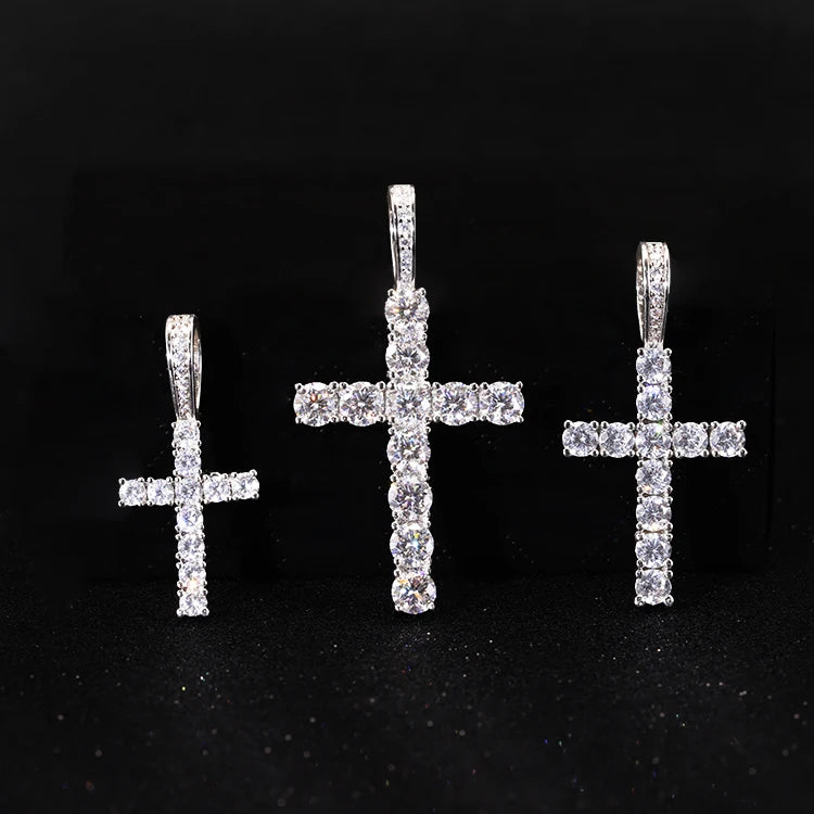Tennis Chain Through White Gold Plated 925 Sterling Silver Made 2mm to 6.5mm VVS Diamond Moissanite Ankh Cross Pendant Charm