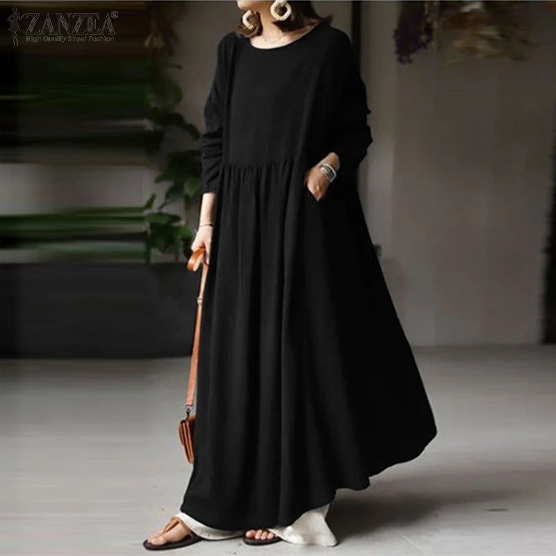 Autumn Women Sundress ZANZEA 2023 Vintage Solid Dresses Female Cotton Robe Casual Long Sleeve Pleated Maxi Vestidos Kaftan