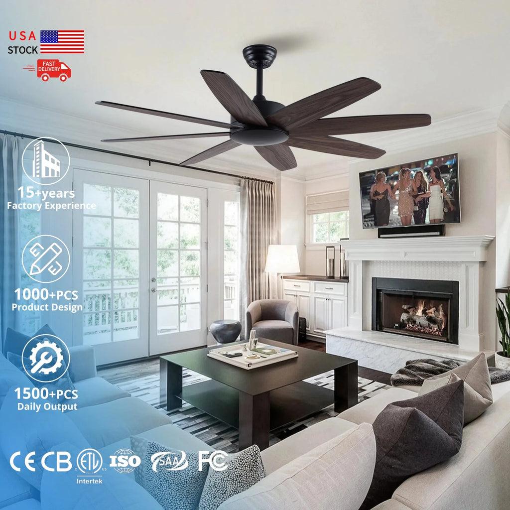 USA in Stock 52 Inch Modern 8 Wood Blades Quiet DC Motor Living Room Ceiling Fan with Light